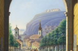 Warschang Jakab: Kilátás a budai vár Ferdinánd-kapujából a Tabánra, 1836