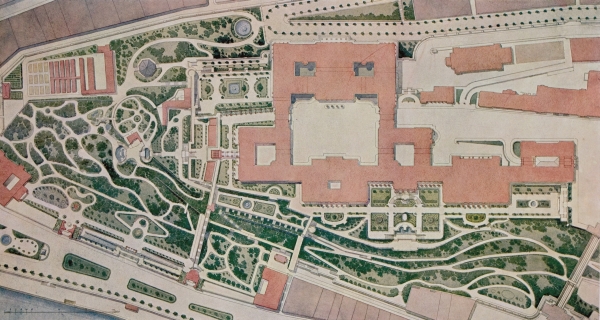 A Királyi Palota helyszínrajza a Várkert Bazárral, Hauszmann Alajos terve