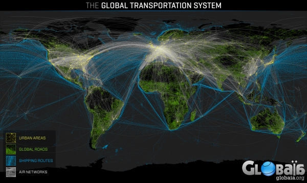 A globális szállítási rendszer hálózata. Forrás: globaia.org